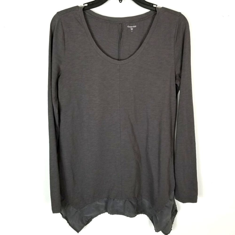 Garnet Hill Women Organic Cotton Top Silk Contrast‎ Size S Gray Long Sleeve